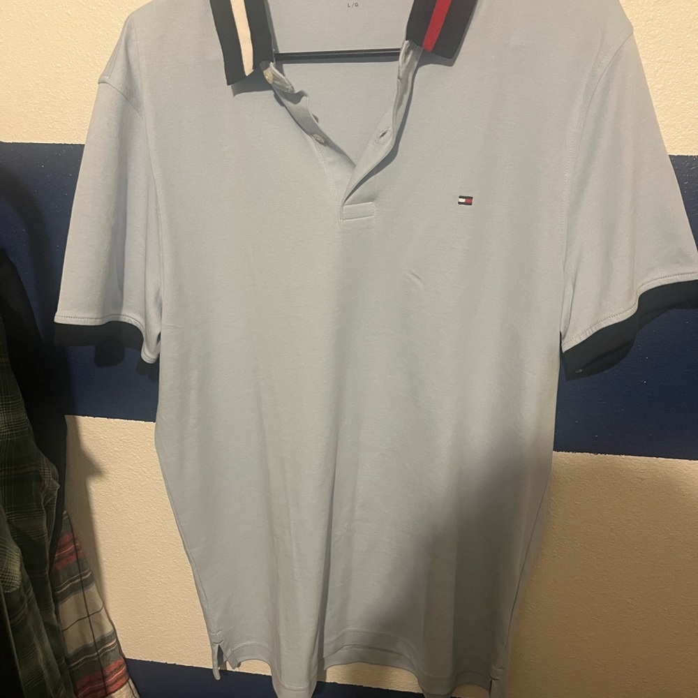 Tommy Hilfiger Sky Blue Polo with Navy and Red Accents